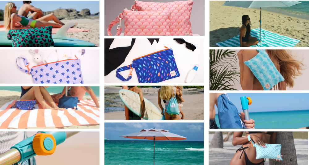 A grid display of sustainable beach gift ideas featuring the Handy Beach Umbrella, anchor stake, wristlet, and sand-free blanket.