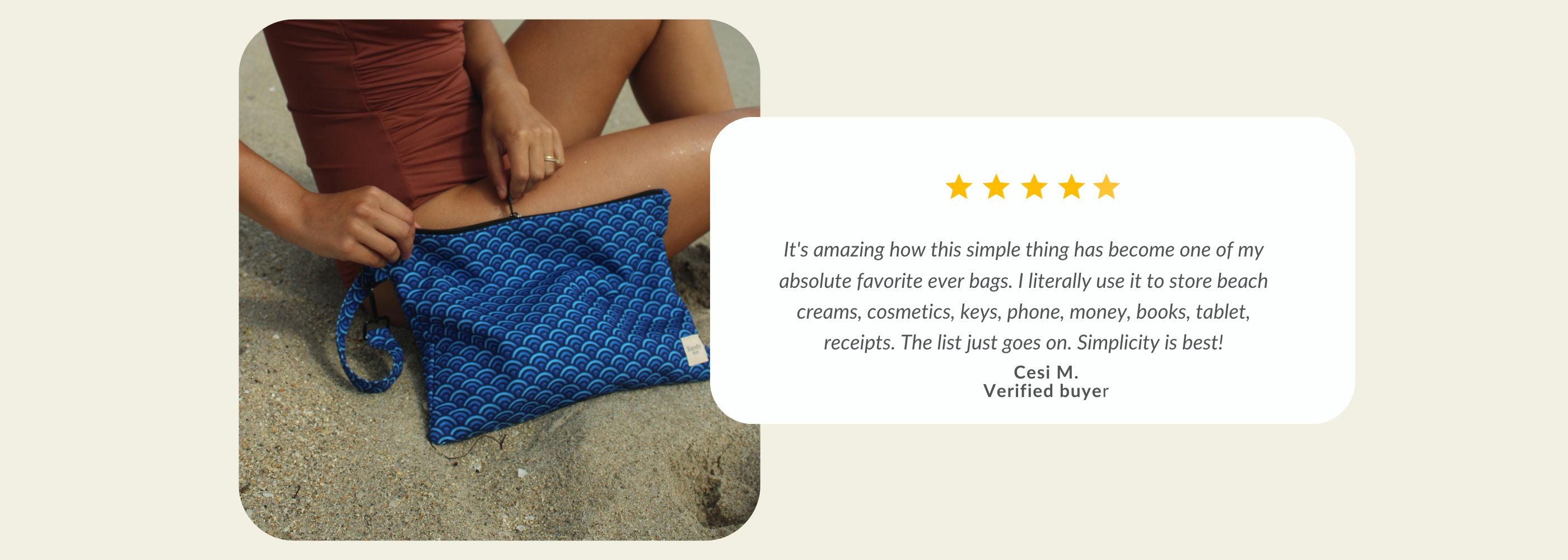 A person holding a blue pouch on a beach.| Handy Beach Goods