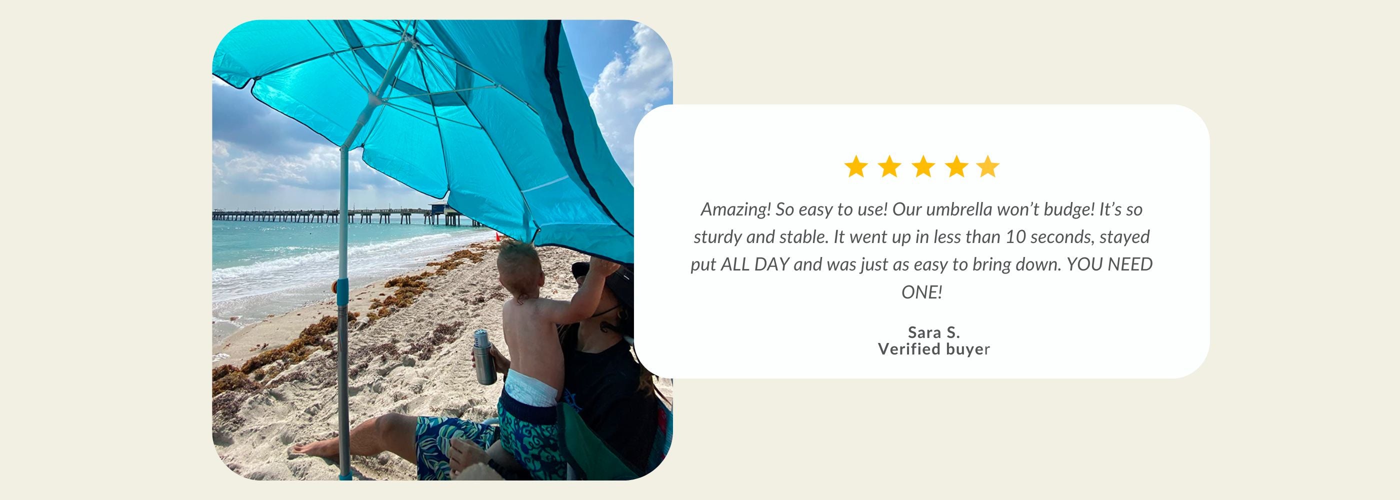 A person and child under a blue beach umbrella.| Handy Beach Goods