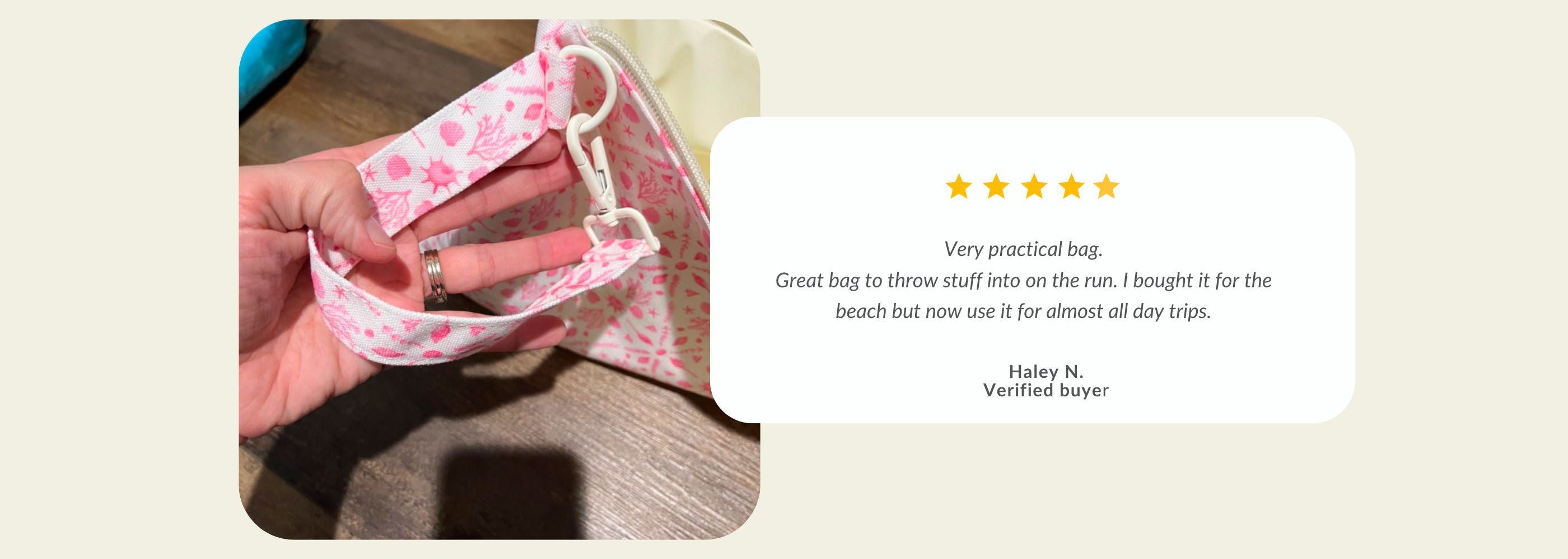 A hand holding a pink floral bag.| Handy Beach Goods