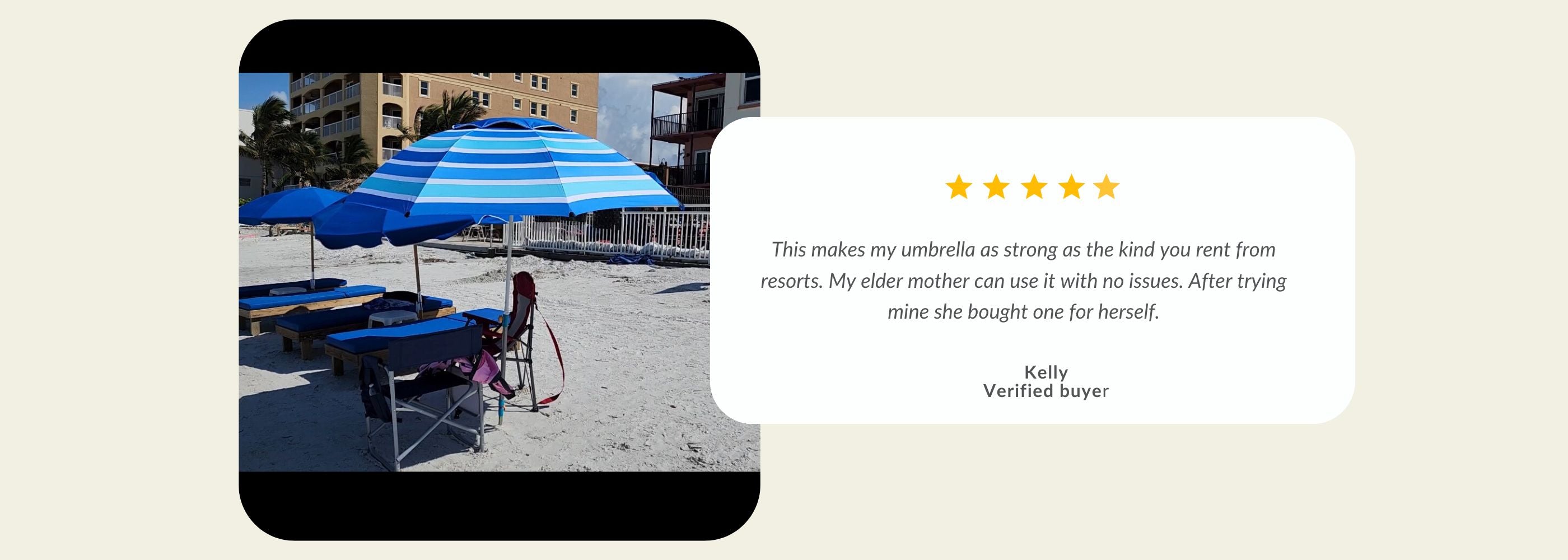 A beach scene with blue umbrellas.| Handy Beach Goods
