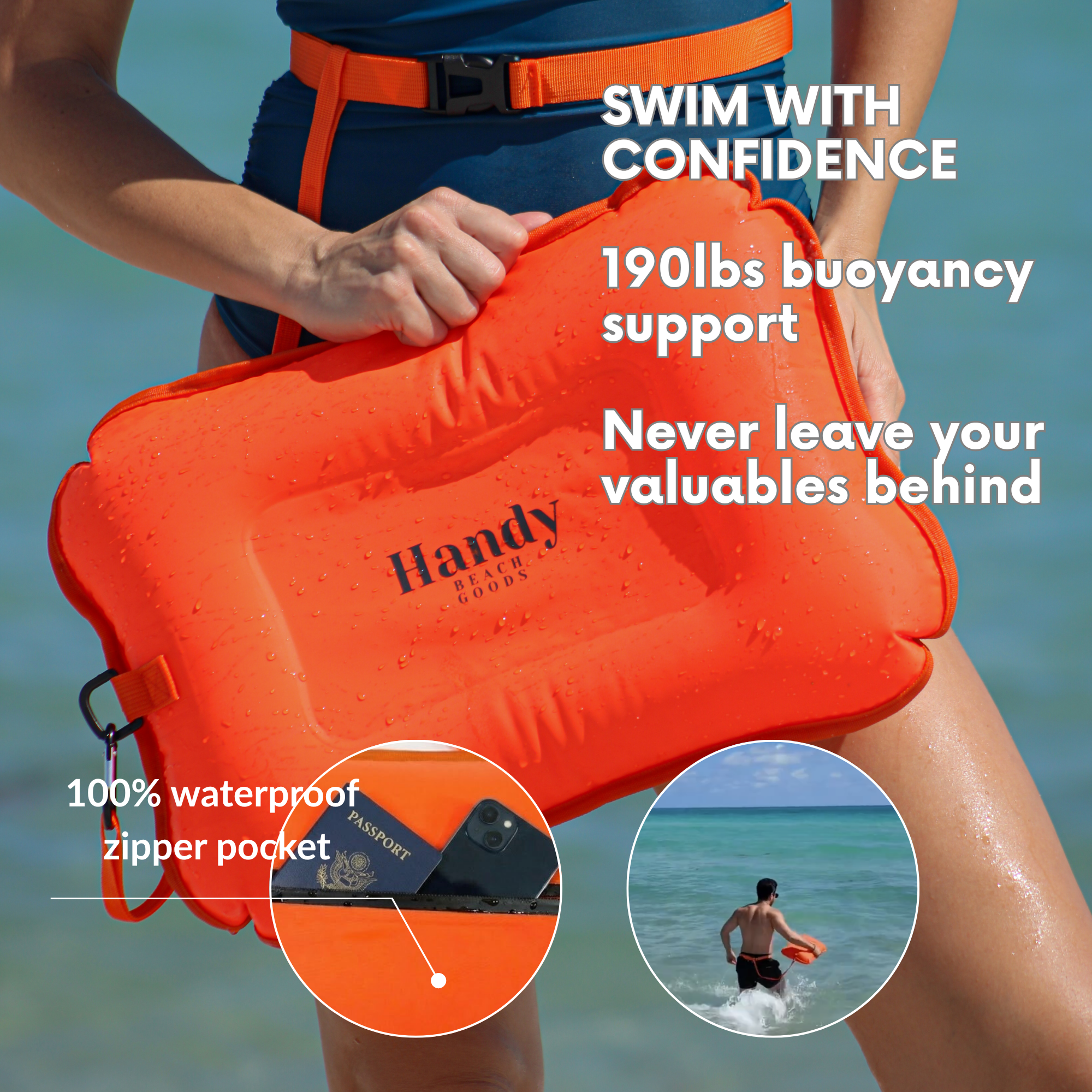 Orange buoyancy aid held by a person with text highlighting features, set against a beach background.