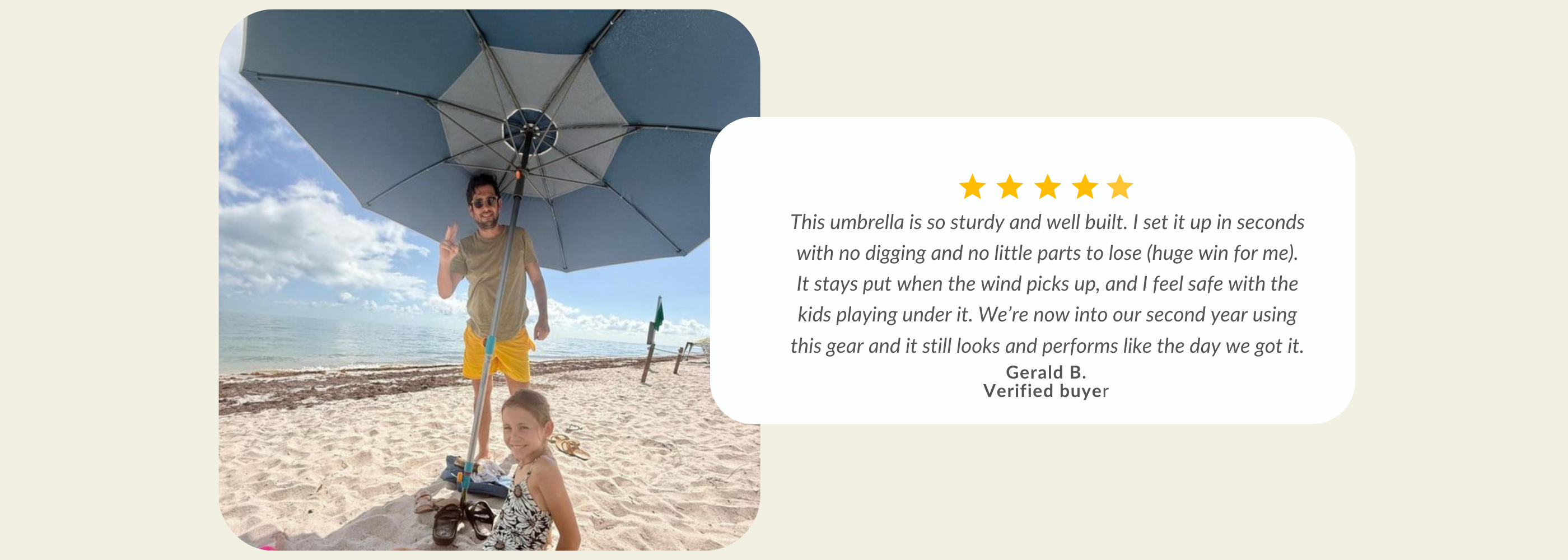 Customer describing why Handy Beach Umbrella is the best reliable and durable beach umbrella on the market