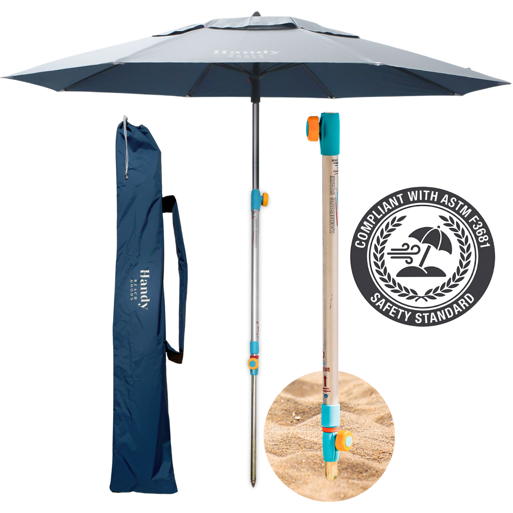Close-up of Beach Umbrella and Anchor System showing ASTM F3681 Safety Standard seal on the pole (Blue).