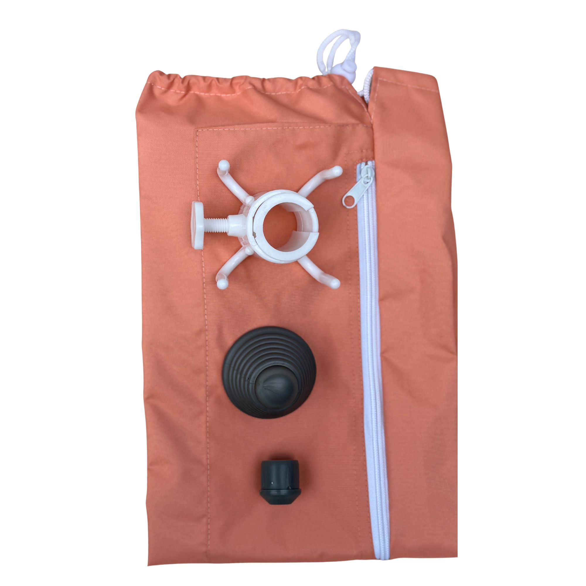 Orange drawstring bag with white zip, black cap, and white bracket on a white background