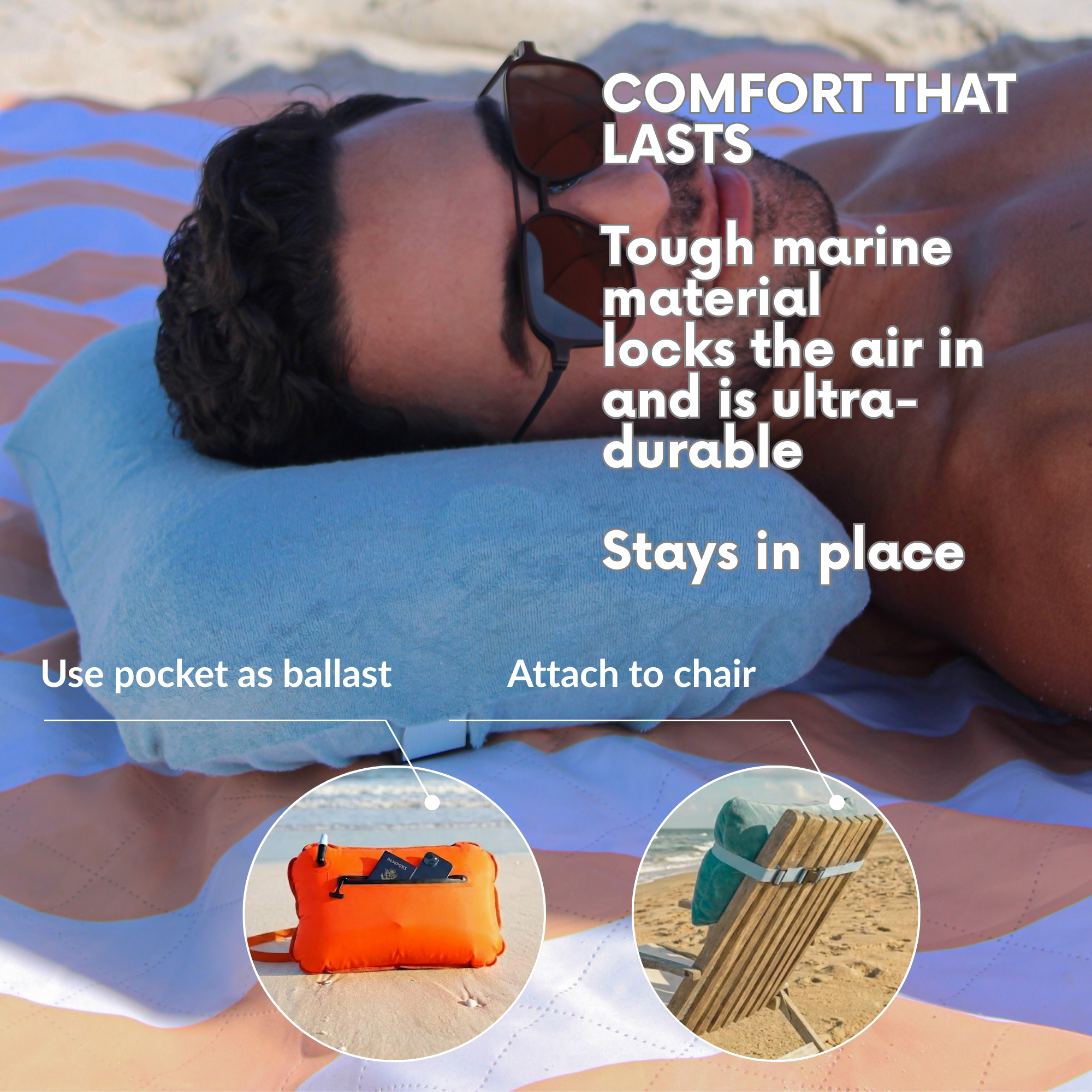 Person lying on a blue inflatable pillow that is durable and wind-resistant