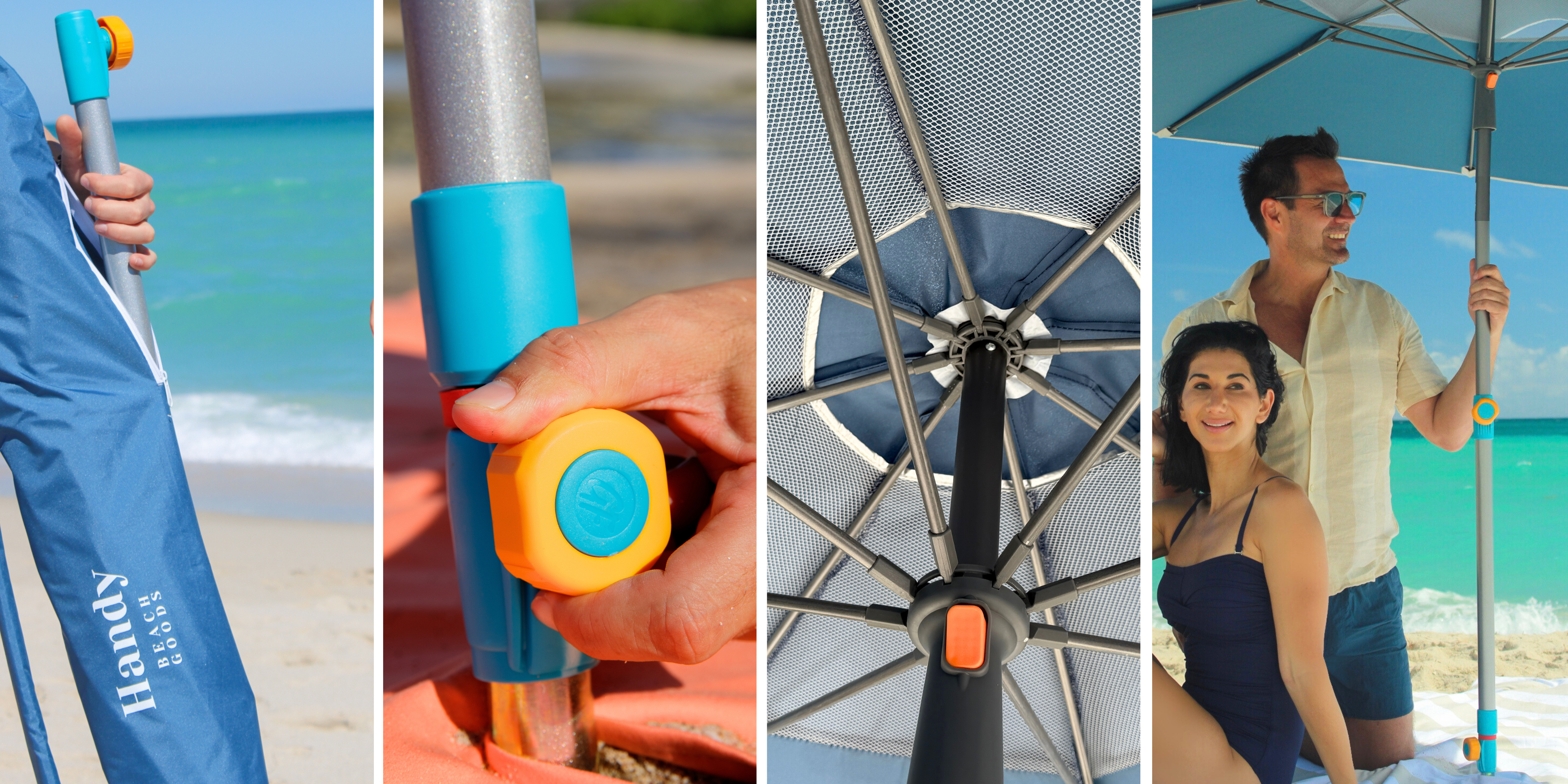 Collage of a beach umbrella with handle, close-up of handle, open umbrella, and people using it on a beach.