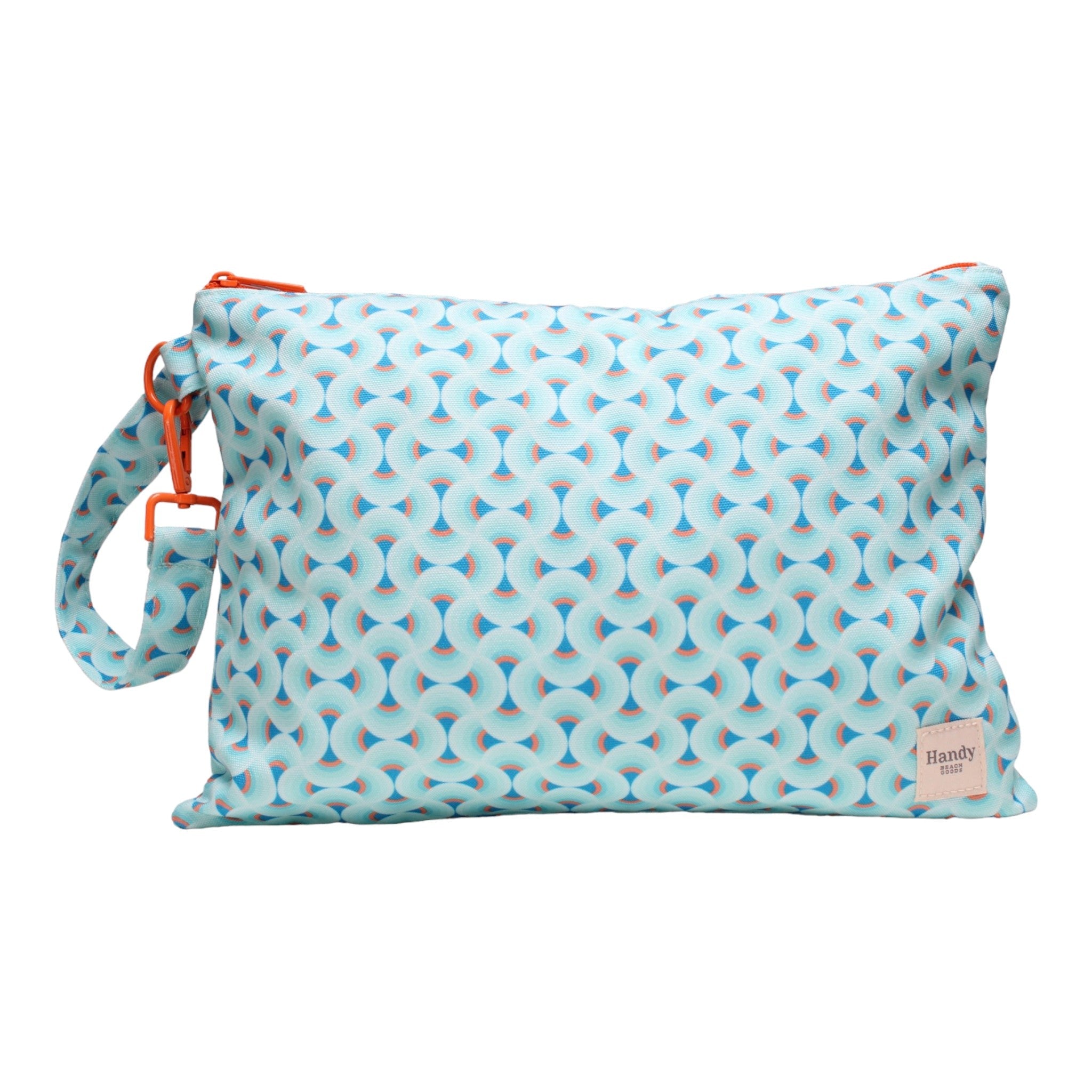 Handy Beach Goods waterproof beach wristlet bag and ultimate organizer in Blue Prism, front view.