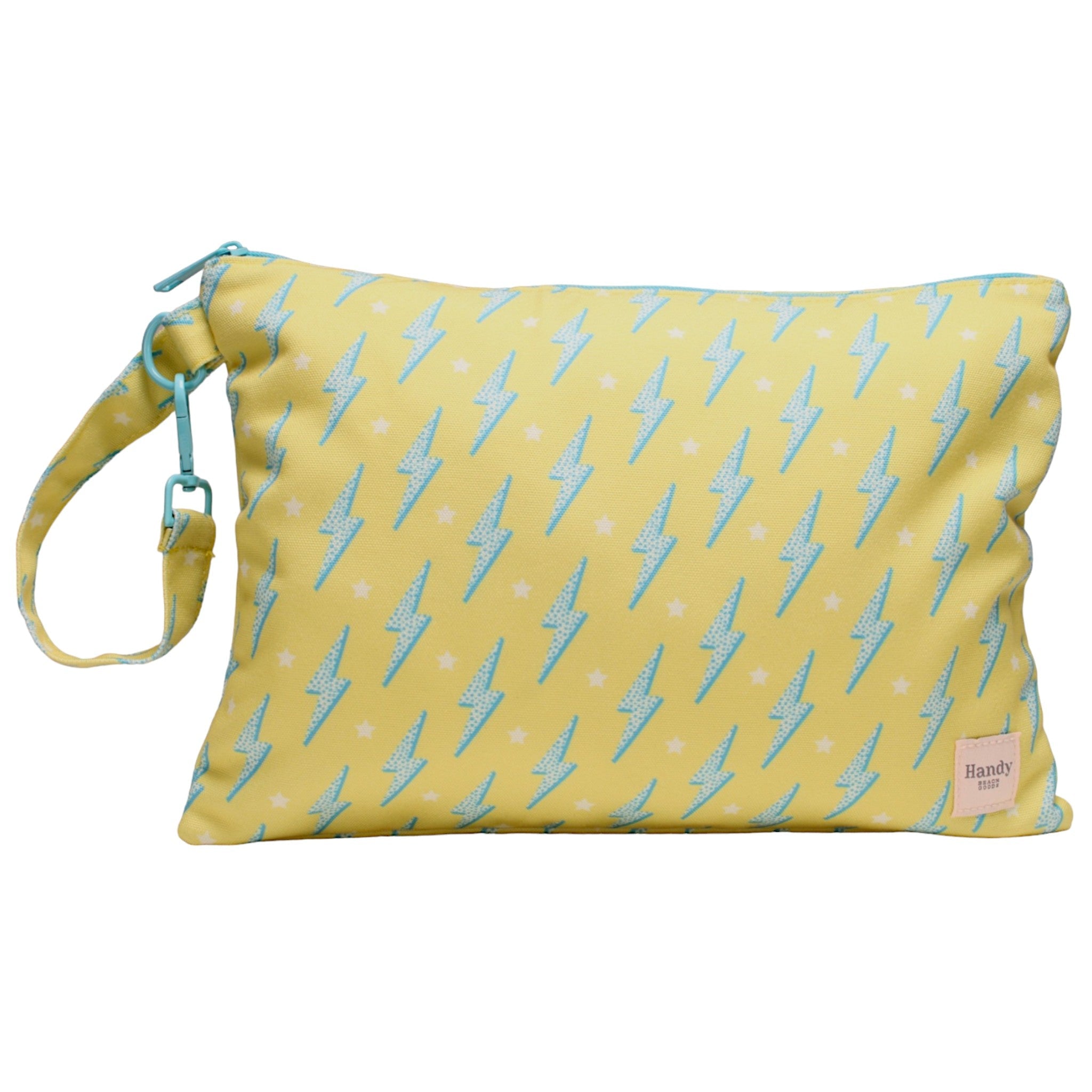 Handy Beach Goods water-resistant beach wristlet bag and ultimate organizer in Bolts, front view.