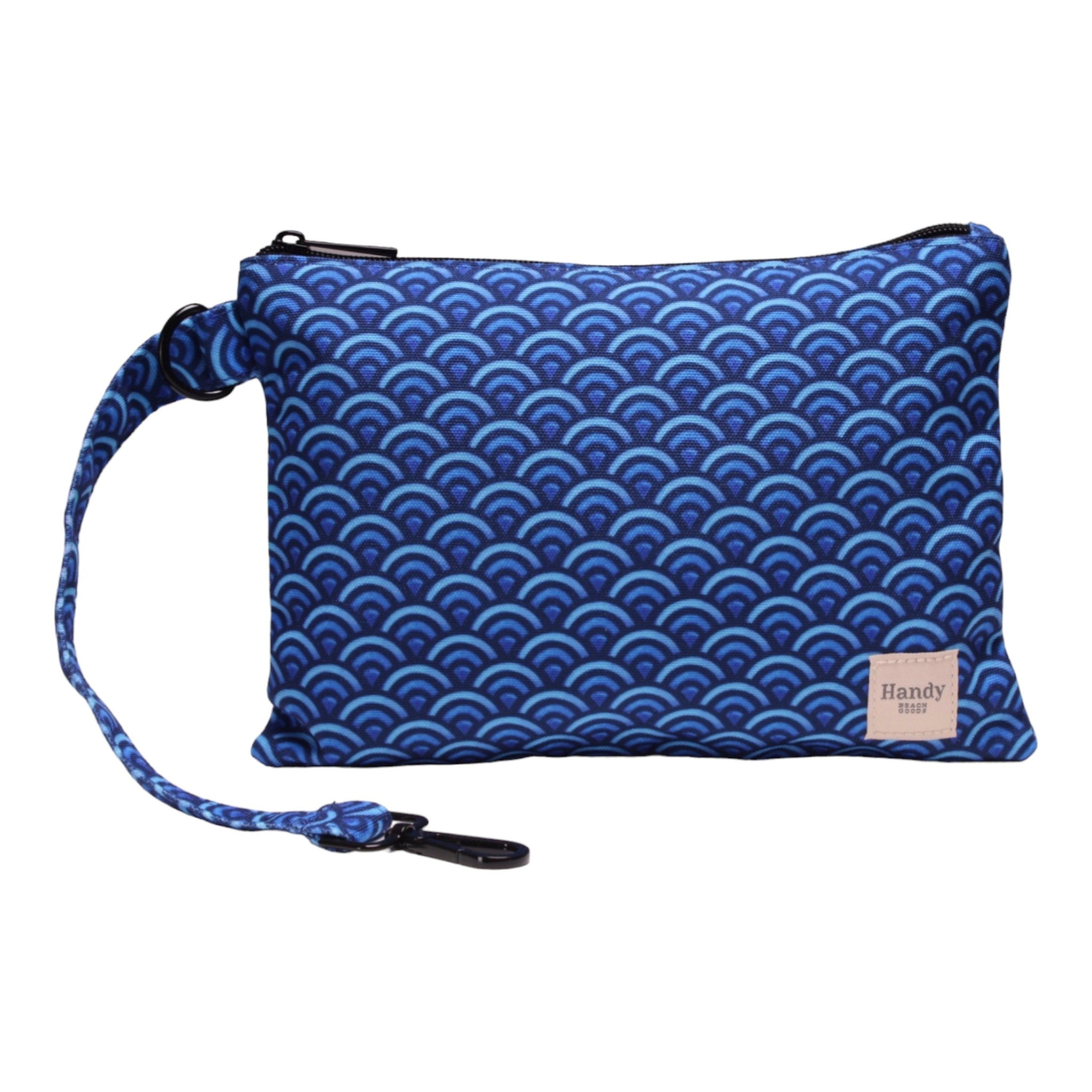 Handy Beach Goods water-resistant beach wristlet bag and ultimate organizer in Deep Blue, front view.
