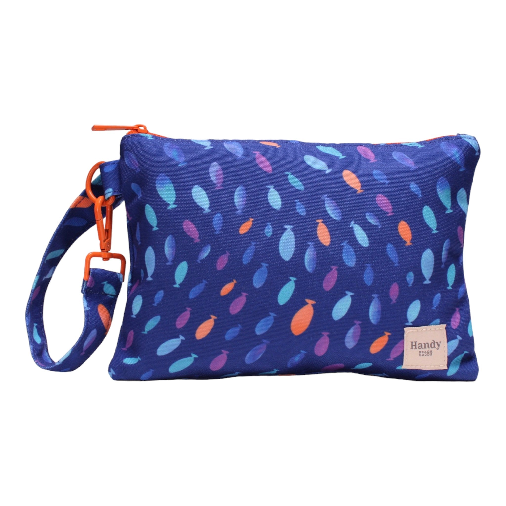 Handy Beach Goods water-resistant beach wristlet bag and ultimate organizer in Fish, front view.