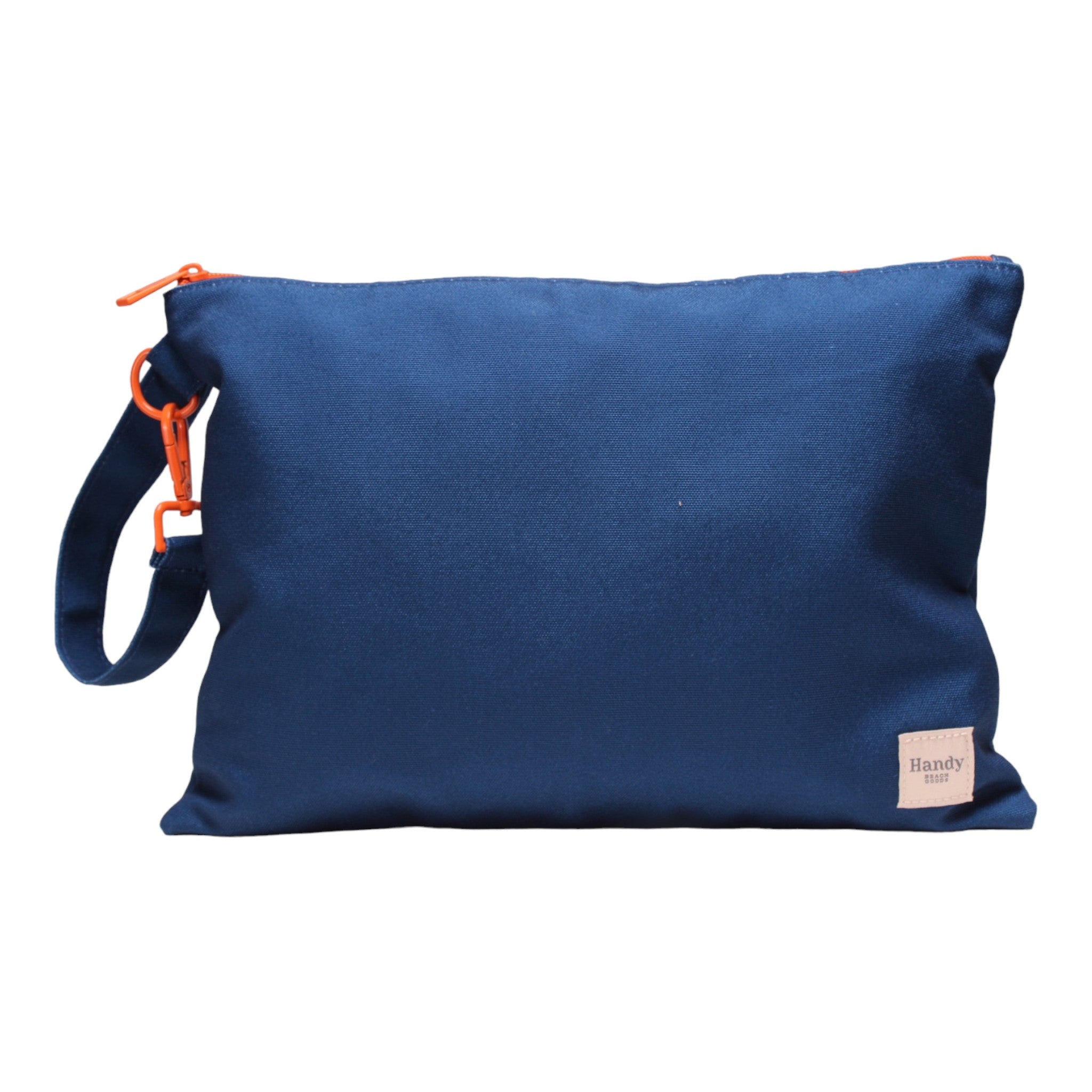 Handy Beach Goods waterproof beach wristlet bag and ultimate organizer in Handy Blue, front view.
