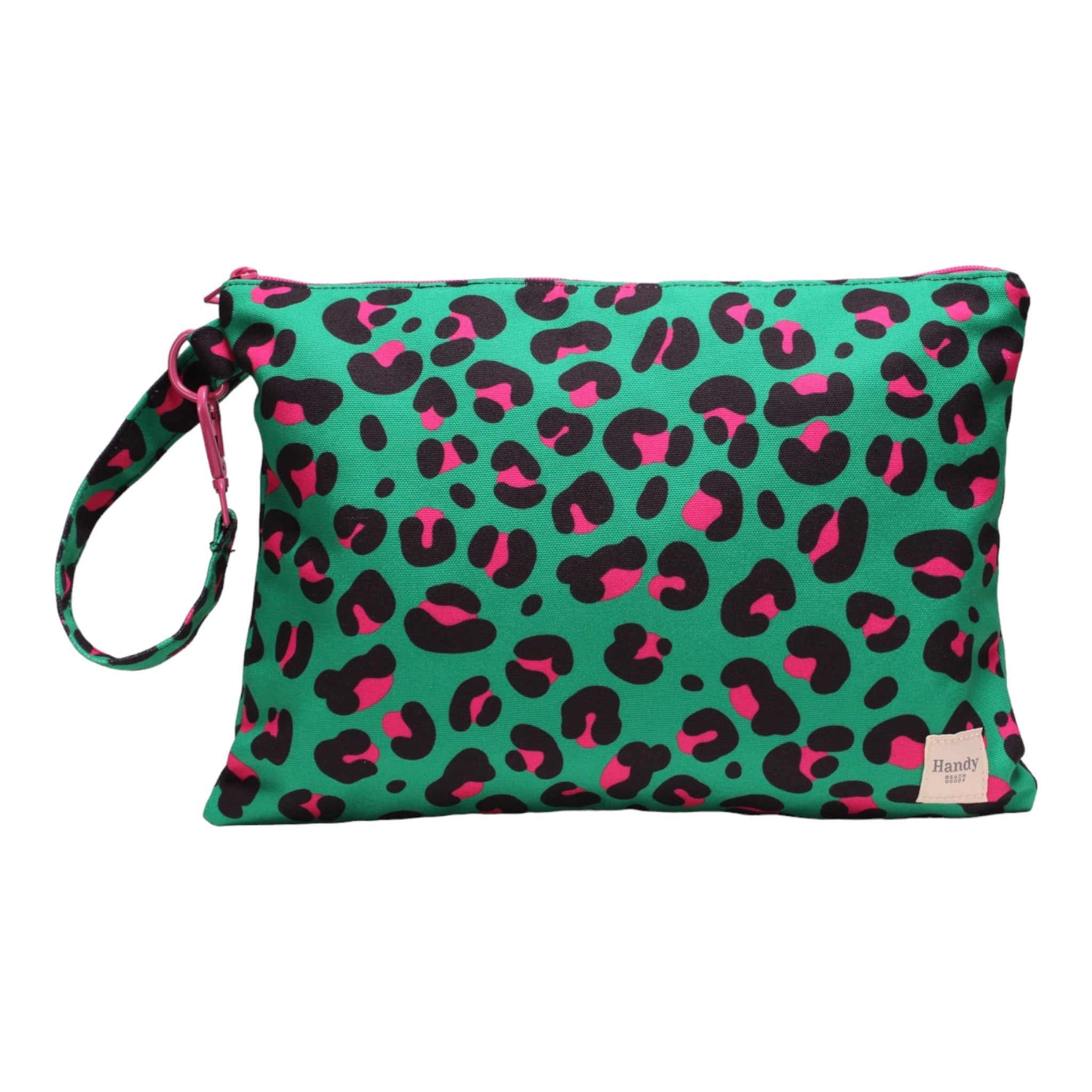 Handy Beach Goods waterproof beach wristlet bag and ultimate organizer in Green Leopard, front view.