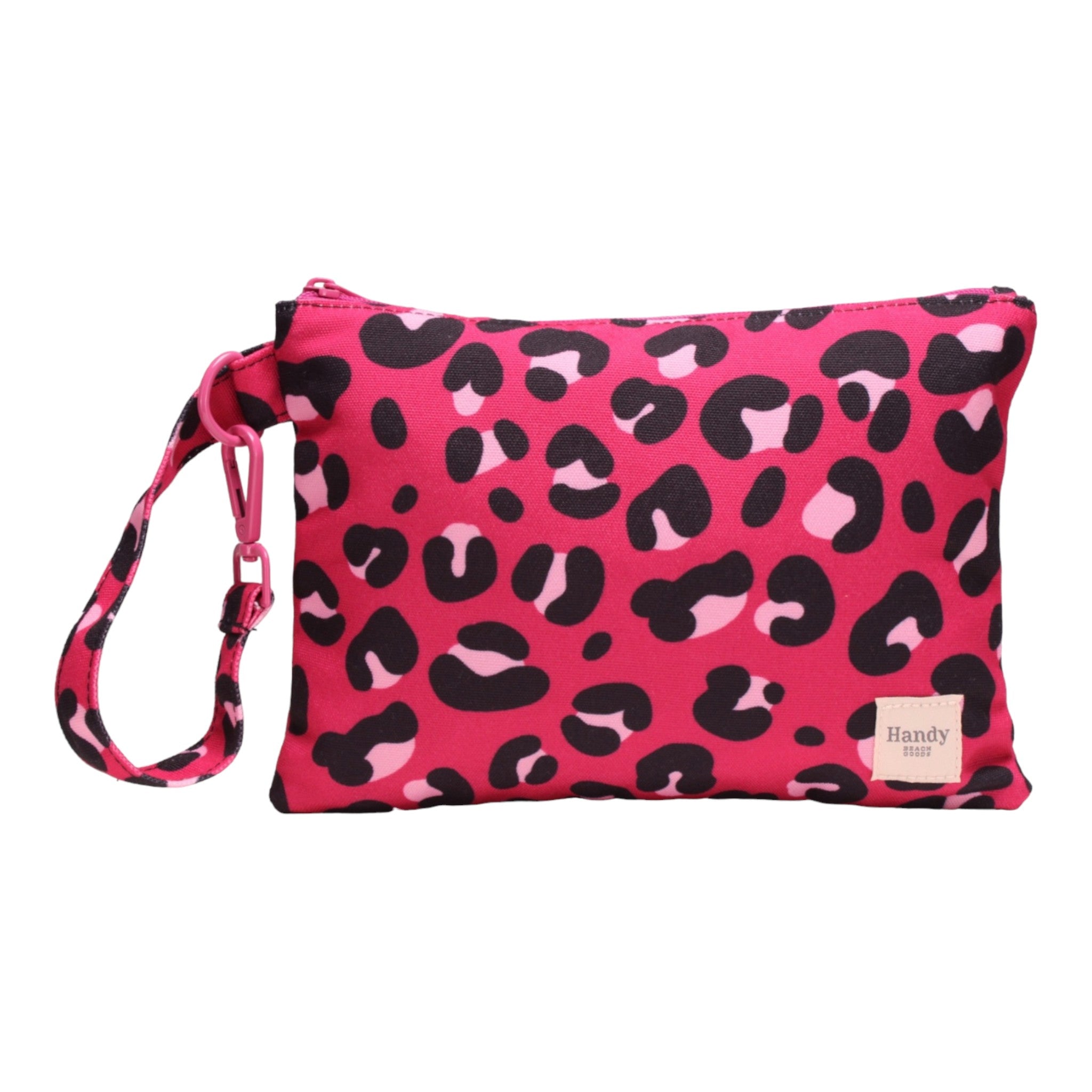 Handy Beach Goods waterproof beach wristlet bag and ultimate organizer in Pink Leopard, front view.