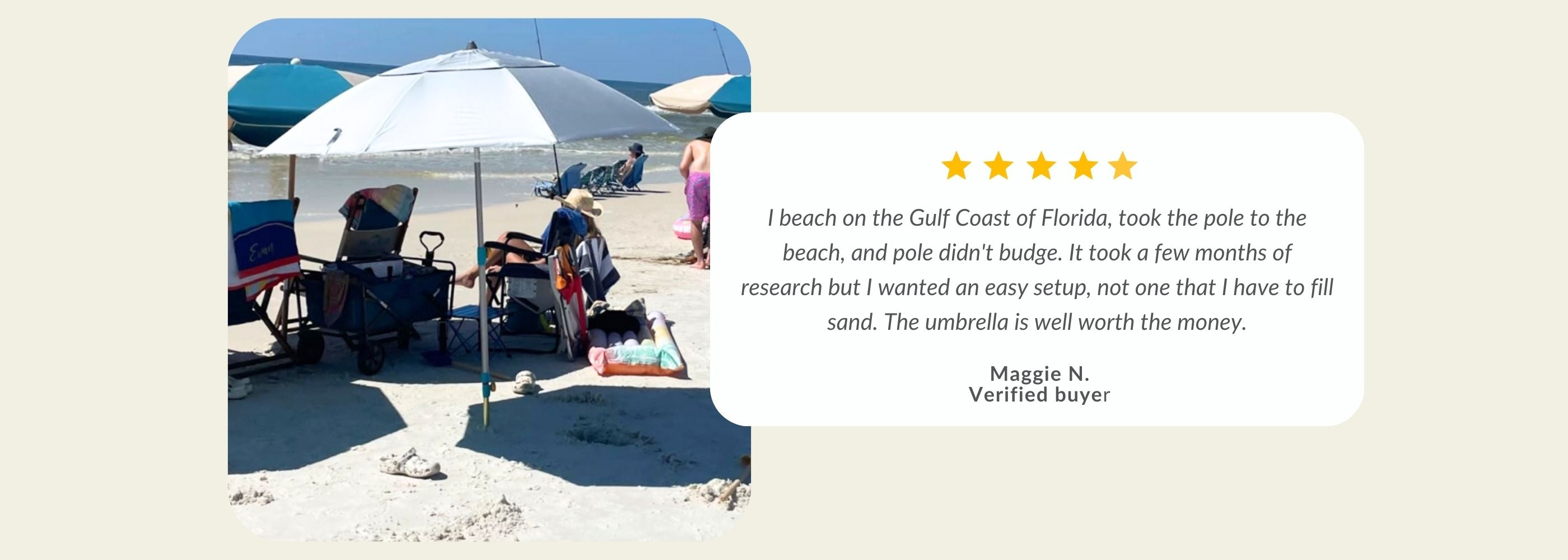 A beach scene with a white umbrella.| Handy Beach Goods