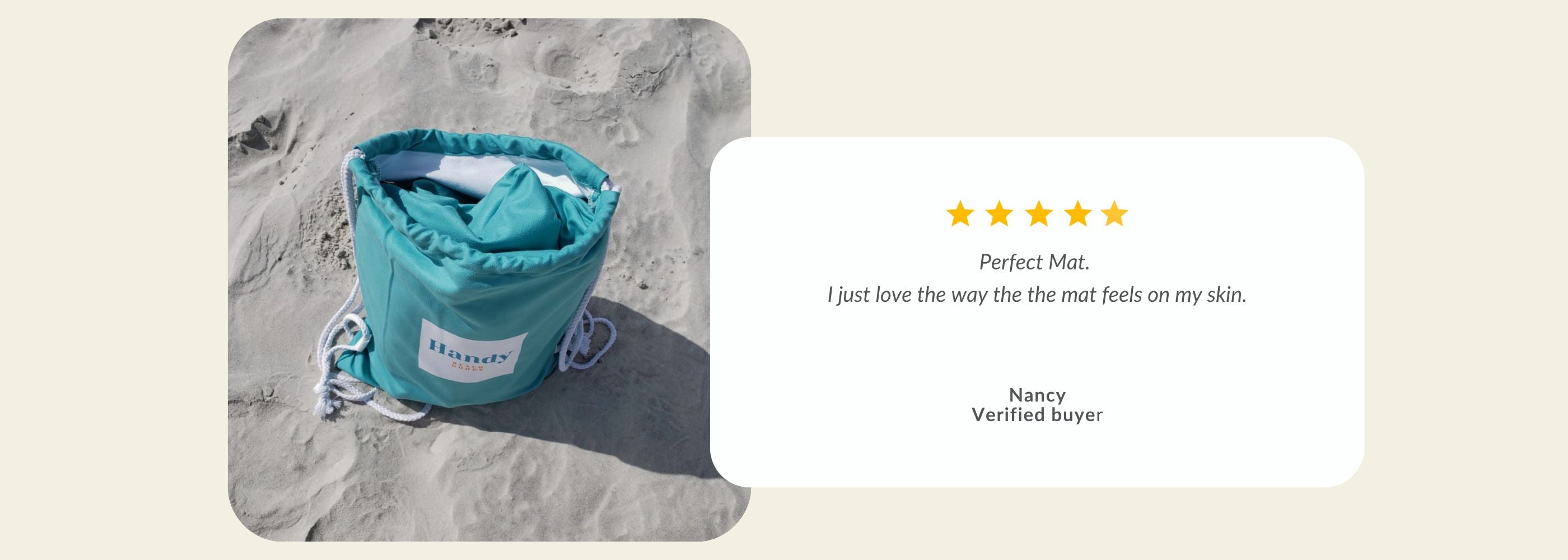 A teal Handy mat bag on sand.| Handy Beach Goods