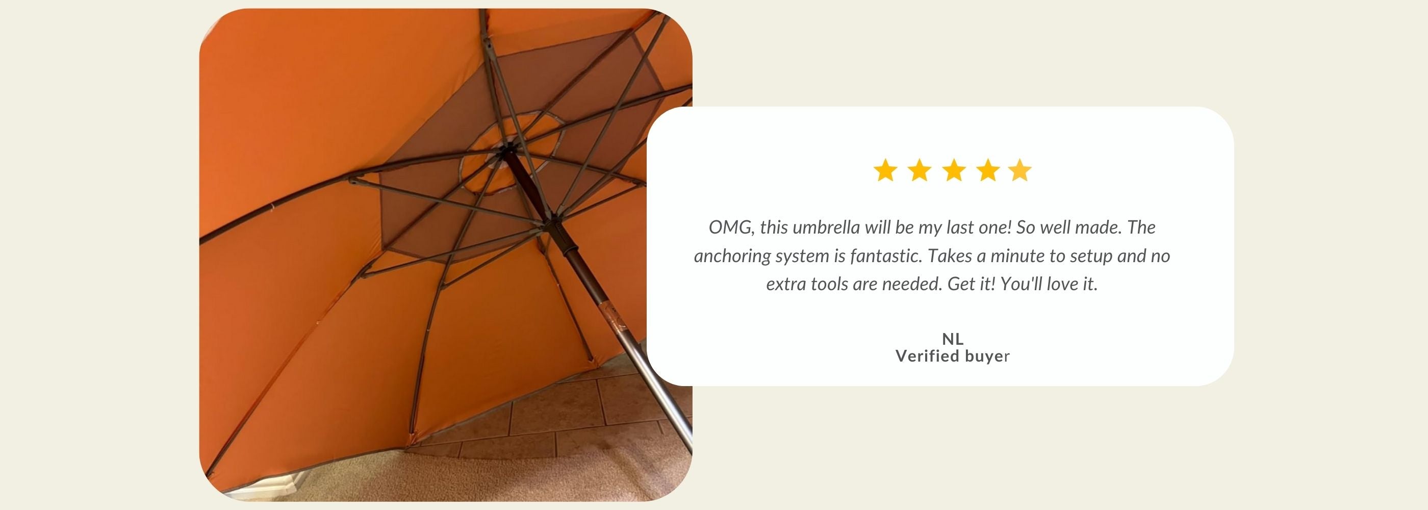 Orange patio umbrella with positive review.| Handy Beach Goods