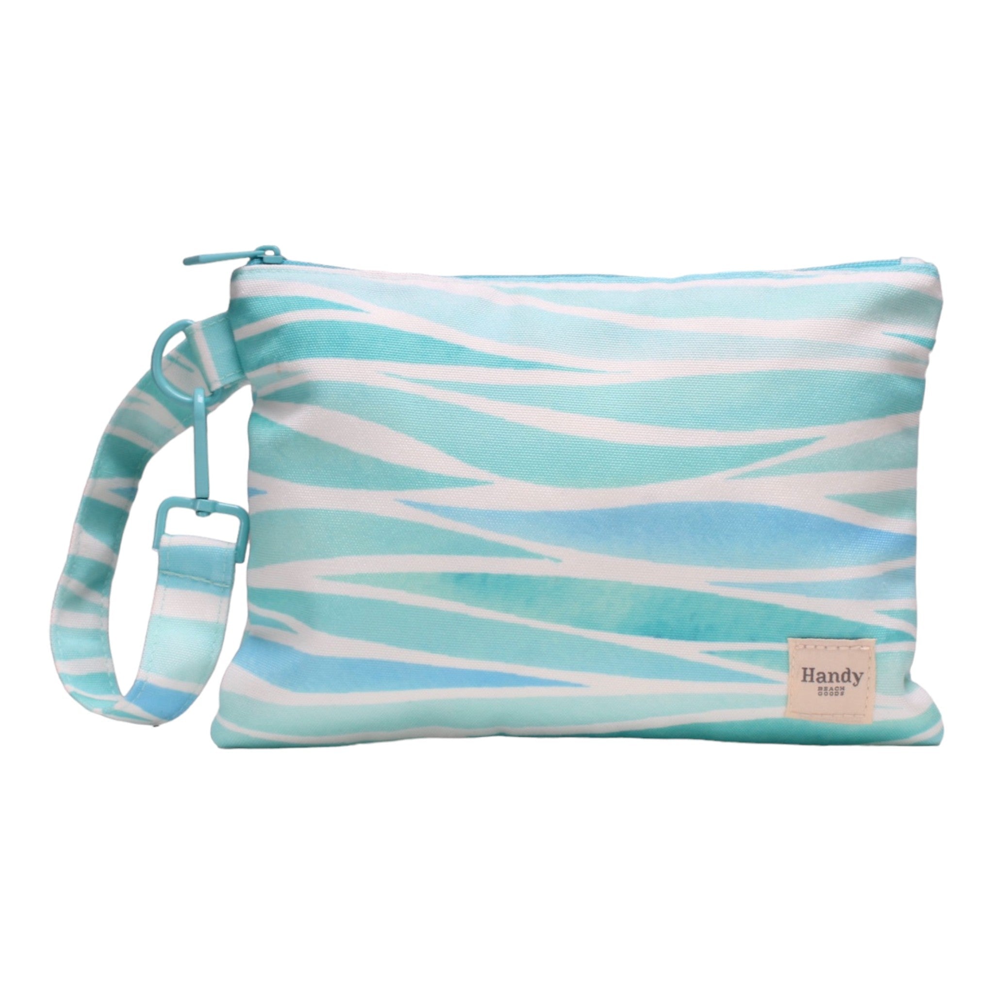 Handy Beach Goods waterproof beach wristlet bag and ultimate organizer in Seascape, front view.