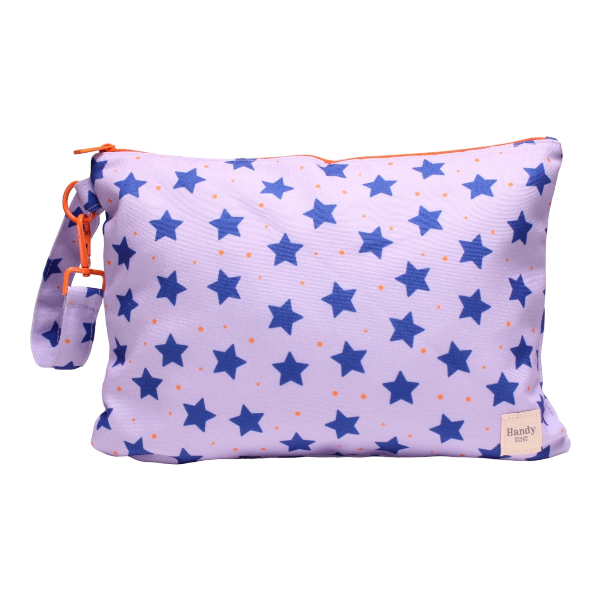 Handy Beach Goods waterproof beach wristlet bag and ultimate organizer in Stars, front view.
