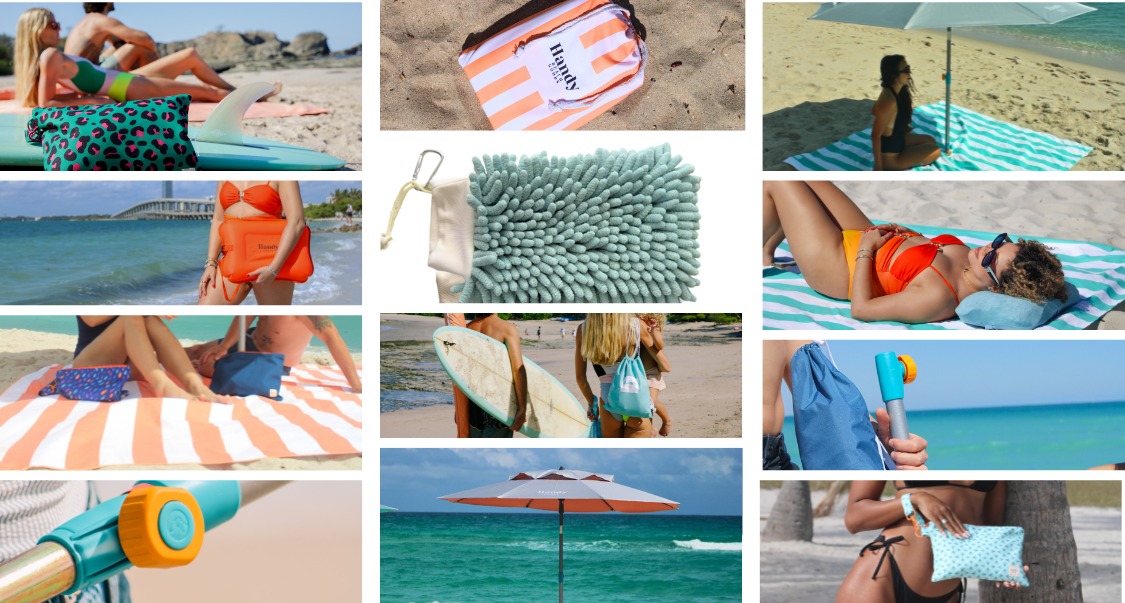 Best beach gifts 2026 from Handy Beach Goods — wind-resistant beach umbrella with hammer-in sand anchor, Stay-Put beach blanket, 3-in-1 beach pillow, Wet/Dry wristlet, and sand remover glove