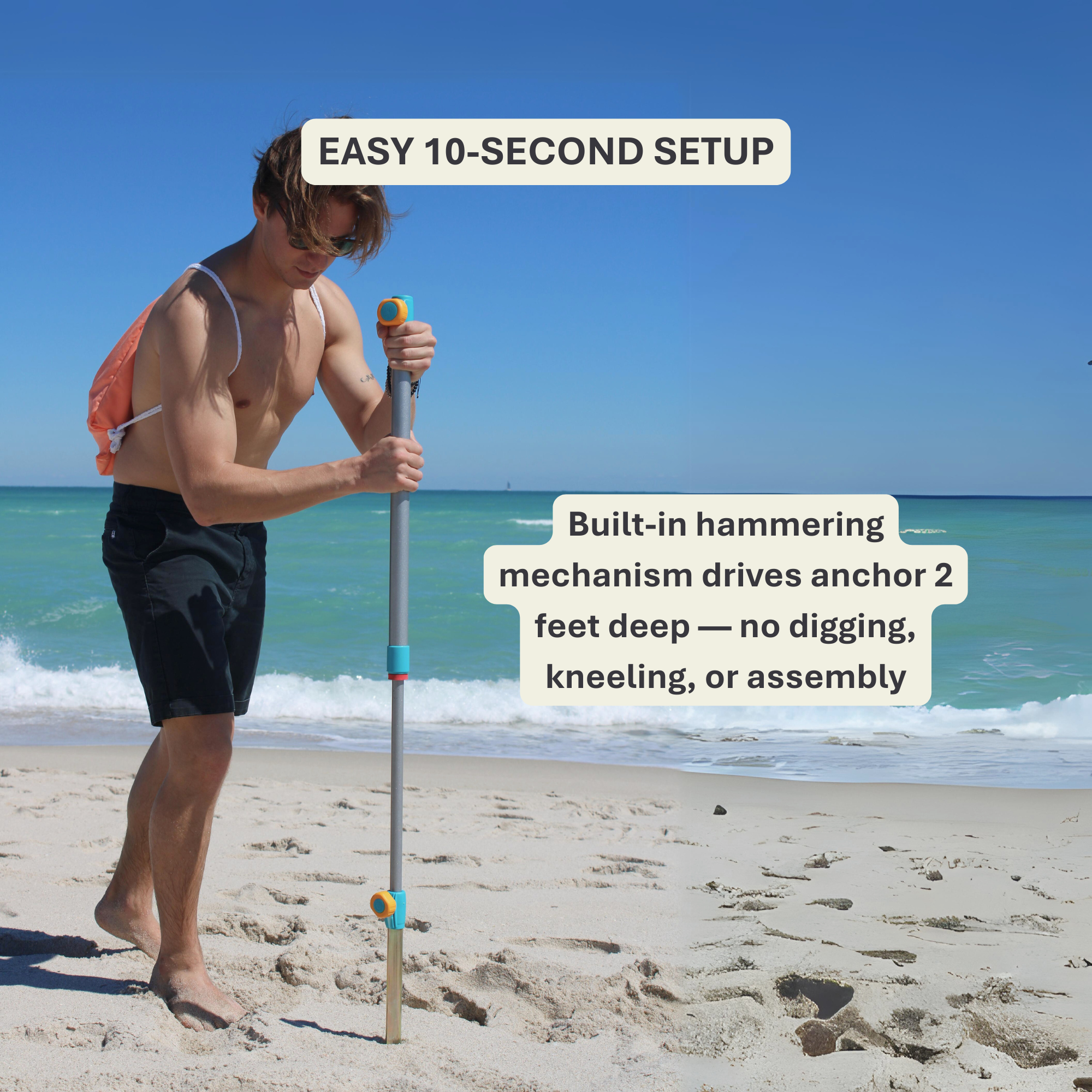 Customer demonstrating how the hammer-in anchor eliminates digging and stress during beach setup