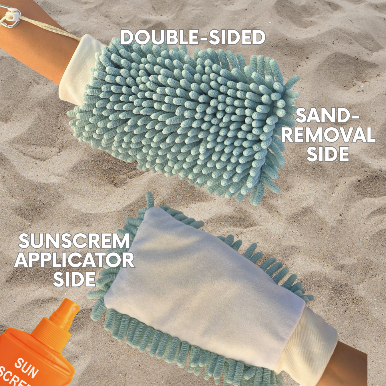 Handy dual-sided beach glove resting on the sand, displaying both the sea foam chenille sand-removal side and the white sunscreen applicator side next to a sunscreen bottle.