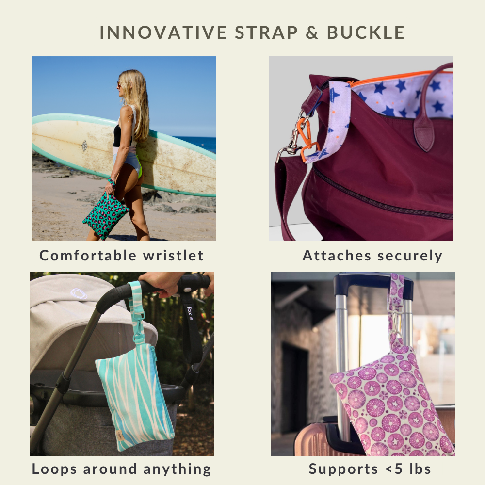 Close-up of the innovative loop strap and heavy-duty buckle on the Sea Mosaique Handy Beach Goods wristlet bag.