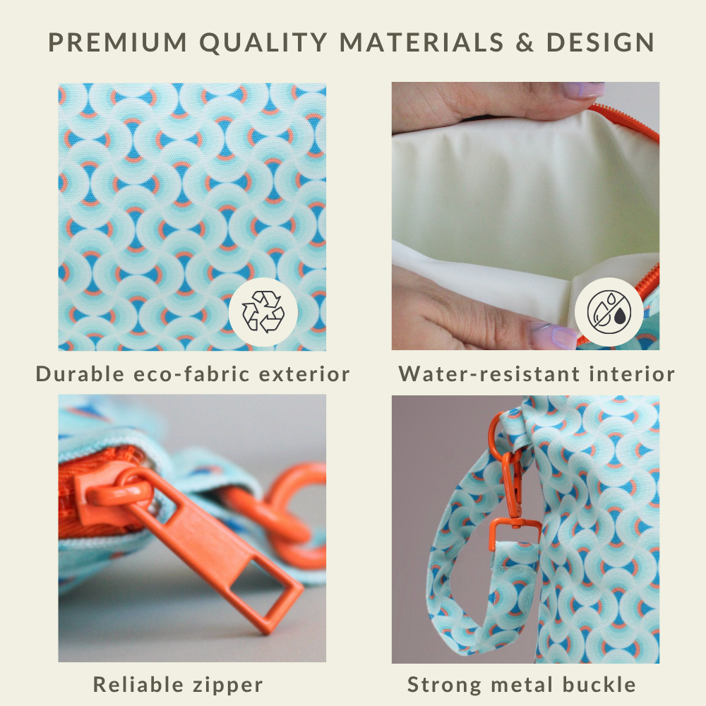Open interior view of the Blue Prism ultimate beach organizer wristlet bag, showing compartments for a phone, keys, and cards.
