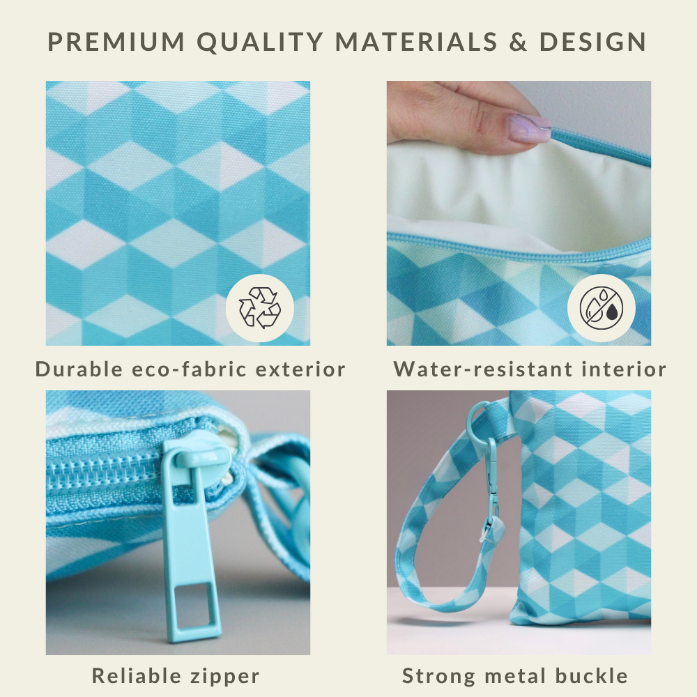 Open interior view of the Sea Mosaique ultimate beach organizer wristlet bag, showing compartments for a phone, keys, and cards.