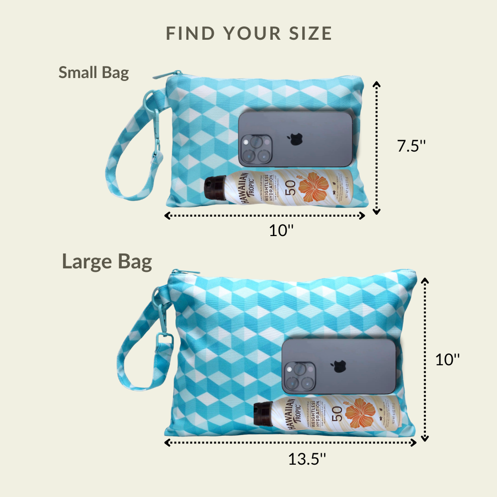 Visual size chart comparing the small and large capacities of the Sea Mosaique wet/dry ultimate beach wristlet bag.