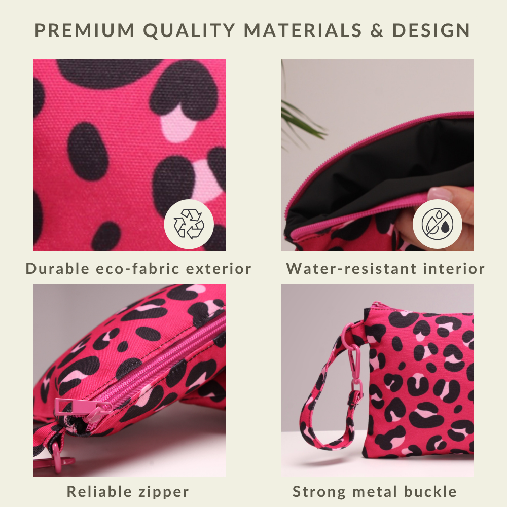 Close-up of the water-resistant fabric and secure zipper on the Pink Leopard Handy Beach Goods wristlet bag.