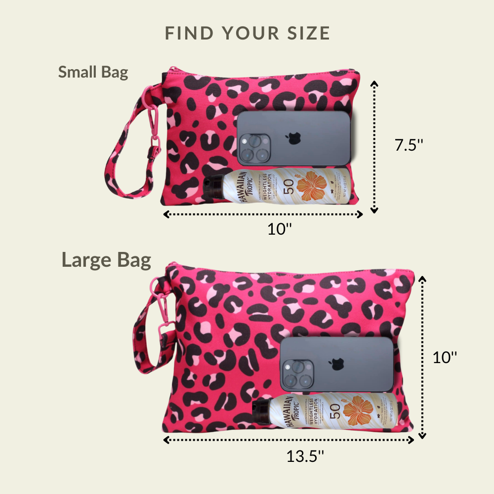 Visual size chart comparing the small and large capacities of the Pink Leopard wet/dry ultimate beach wristlet bag.