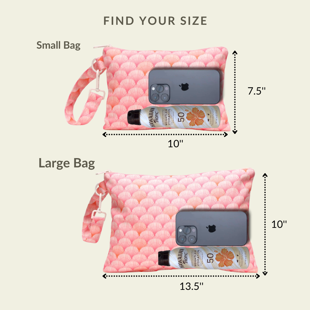 Visual size chart comparing the small and large capacities of the Peach Shells wet/dry ultimate beach wristlet bag.