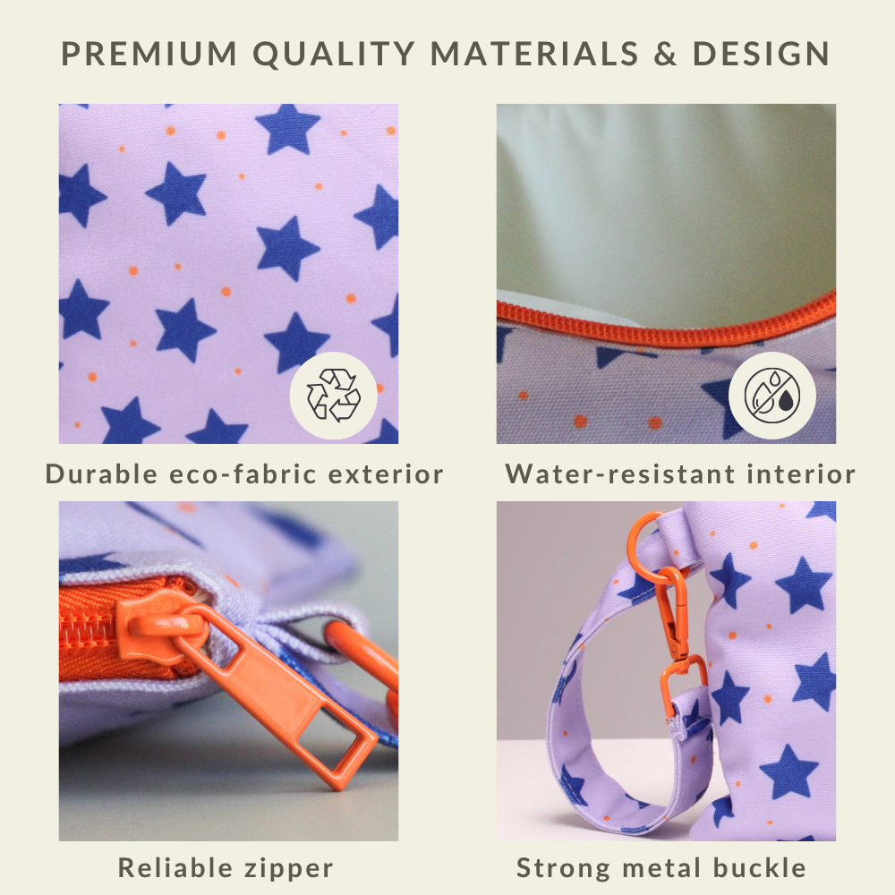 Close-up of the water-resistant fabric and secure zipper on the Stars Handy Beach Goods wristlet bag.