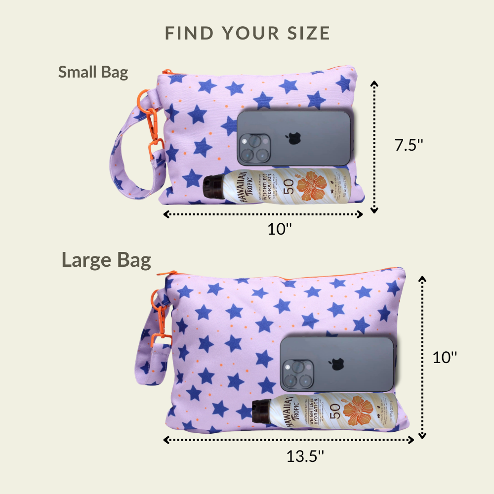 Visual size chart comparing the small and large capacities of the Stars wet/dry ultimate beach wristlet bag.