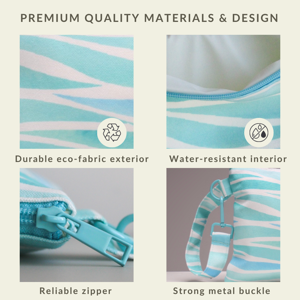 Close-up of the water-resistant fabric and secure zipper on the Seascape Handy Beach Goods wristlet bag.