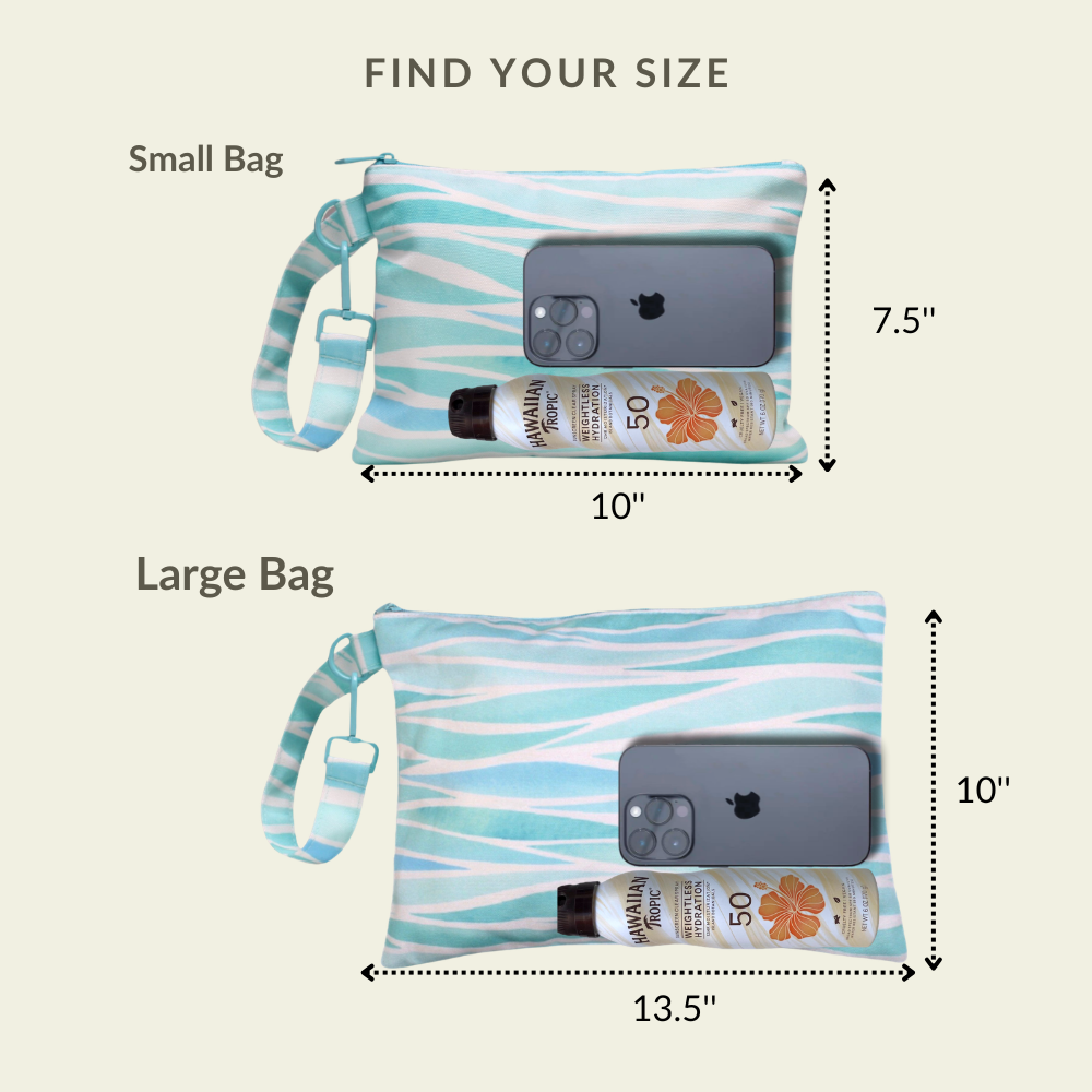 Visual size chart comparing the small and large capacities of the Seascape wet/dry ultimate beach wristlet bag.