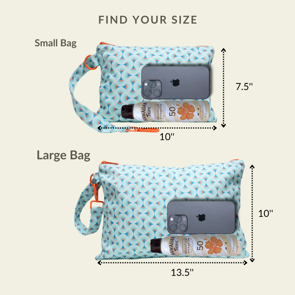 Visual size chart comparing the small and large capacities of the Blue Prism wet/dry ultimate beach wristlet bag.
