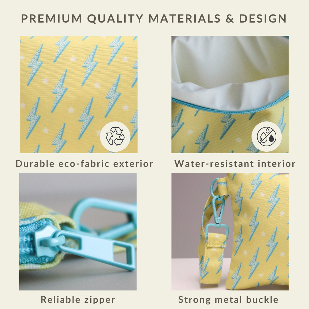 Close-up of the water-resistant fabric and secure zipper on the Bolts Handy Beach Goods wristlet bag.