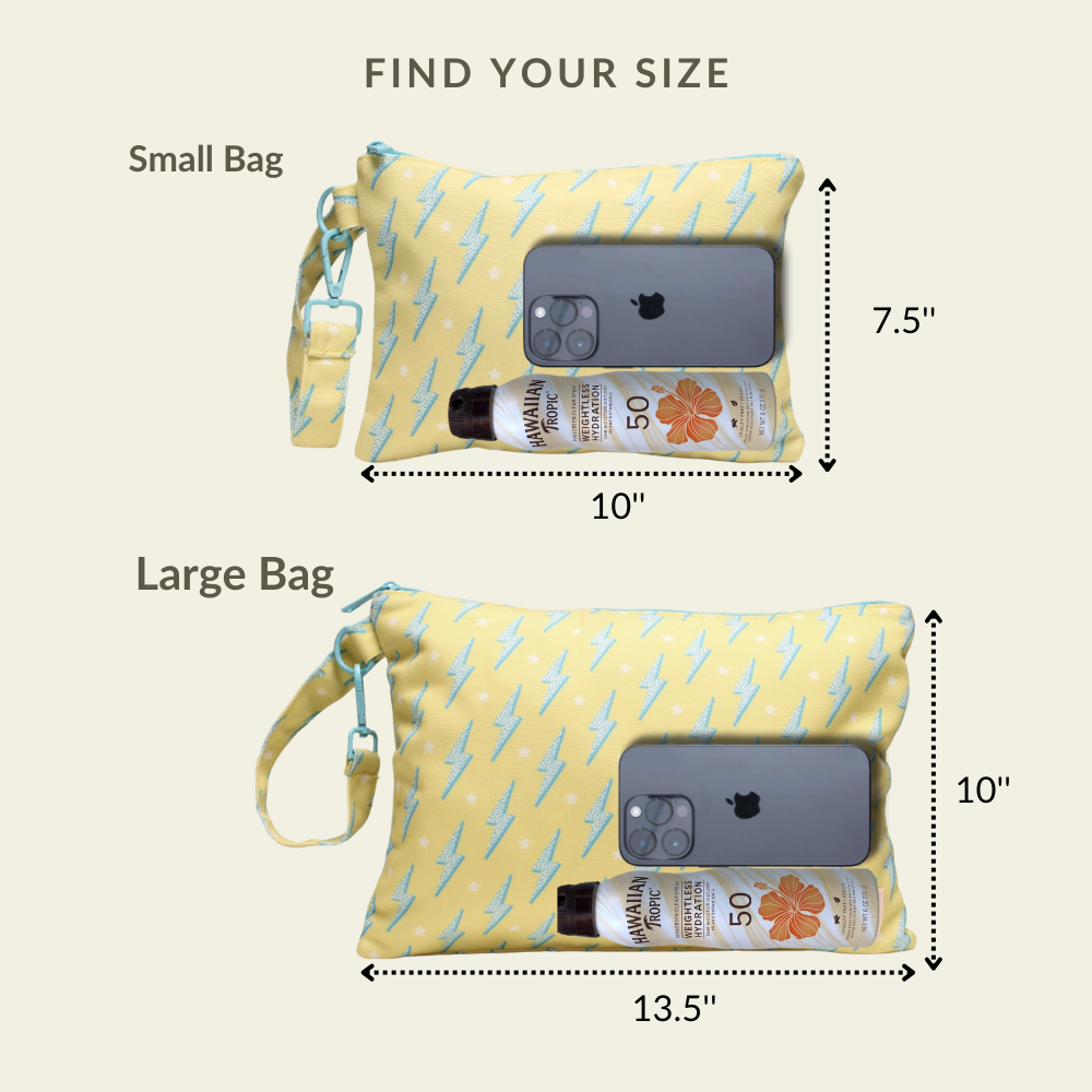 Visual size chart comparing the small and large capacities of the Bolts wet/dry ultimate beach wristlet bag.