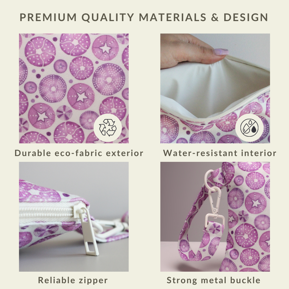 Open interior view of the Sea Urchin ultimate beach organizer wristlet bag, showing compartments for a phone, keys, and cards.