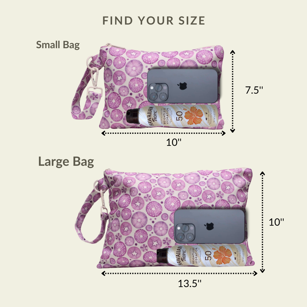 Visual size chart comparing the small and large capacities of the Sea Urchin wet/dry ultimate beach wristlet bag.