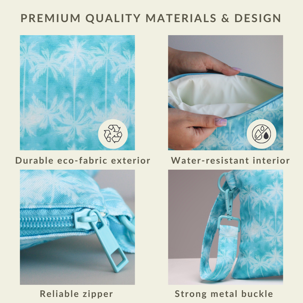 Close-up of the water-resistant fabric and secure zipper on the Aqua Palms Handy Beach Goods wristlet bag.