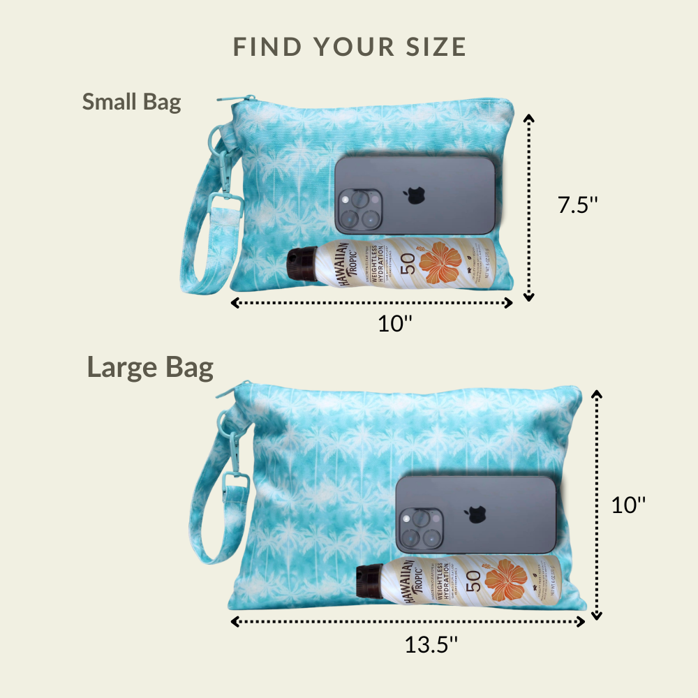 Visual size chart comparing the small and large capacities of the Aqua Palms wet/dry ultimate beach wristlet bag.