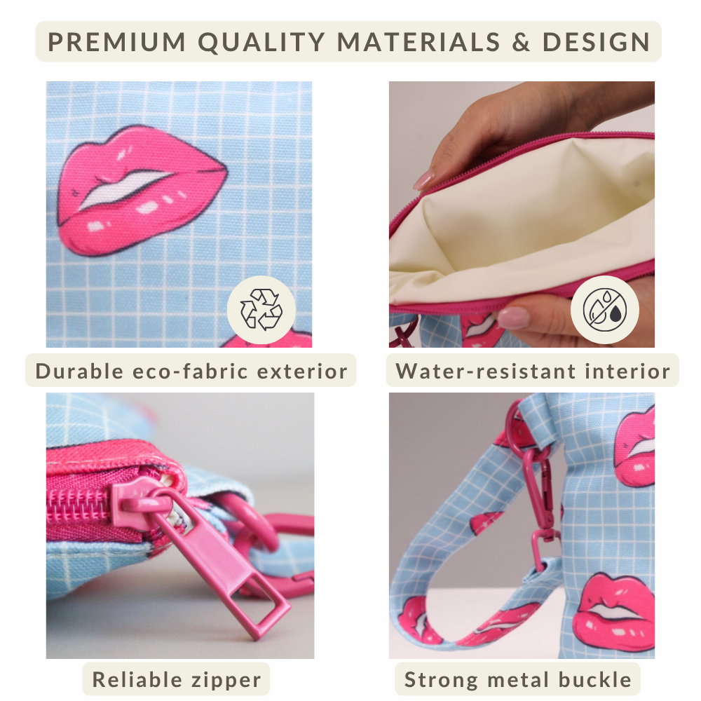 Close-up of the water-resistant fabric and secure zipper on the Lips Handy Beach Goods wristlet bag.