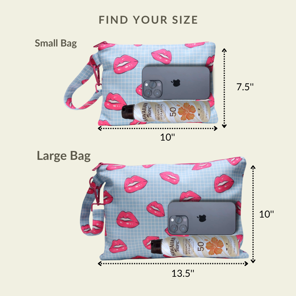 Visual size chart comparing the small and large capacities of the Lips wet/dry ultimate beach wristlet bag.