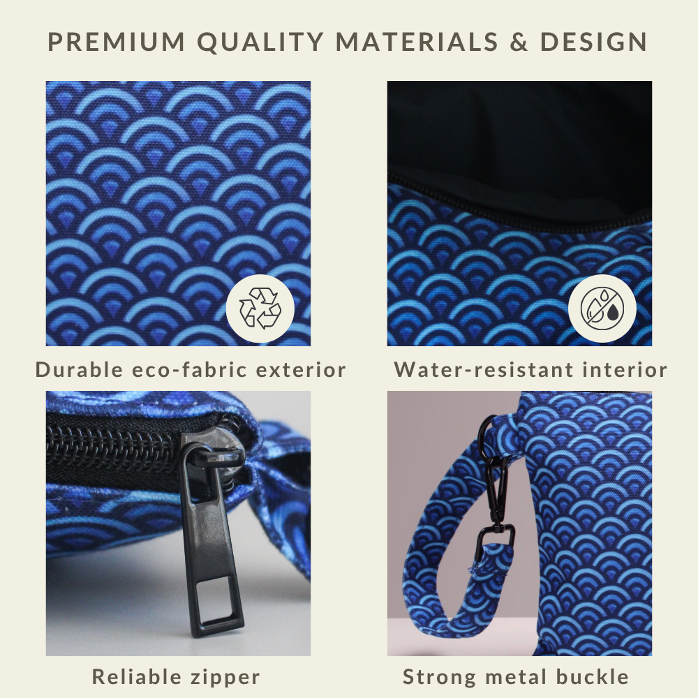Close-up of the water-resistant fabric and secure zipper on the Deep Blue Handy Beach Goods wristlet bag.