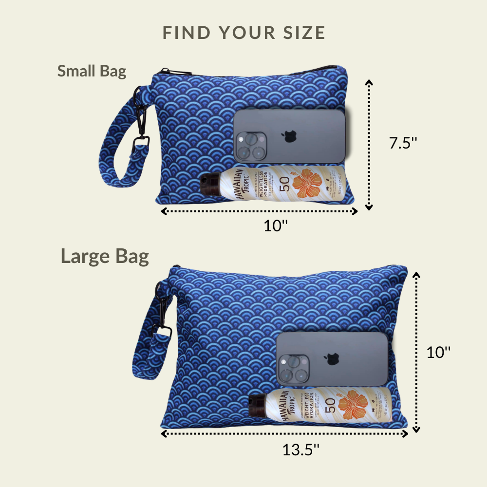 Visual size chart comparing the small and large capacities of the Deep Blue wet/dry ultimate beach wristlet bag.