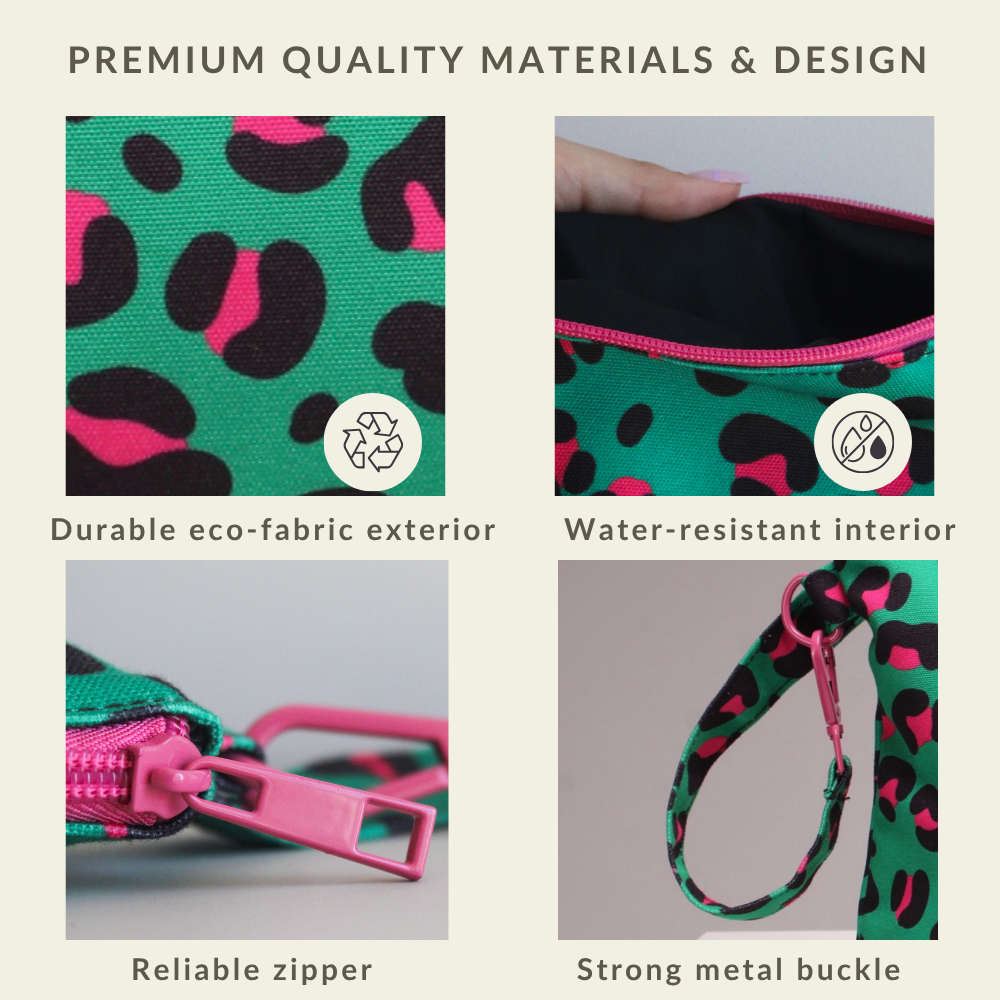 Close-up of the water-resistant fabric and secure zipper on the Leopard Handy Beach Goods wristlet bag.