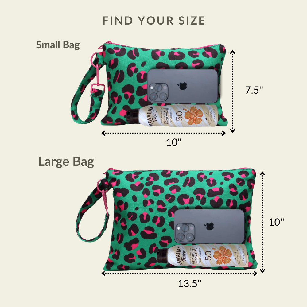 Visual size chart comparing the small and large capacities of the Leopard wet/dry ultimate beach wristlet bag.